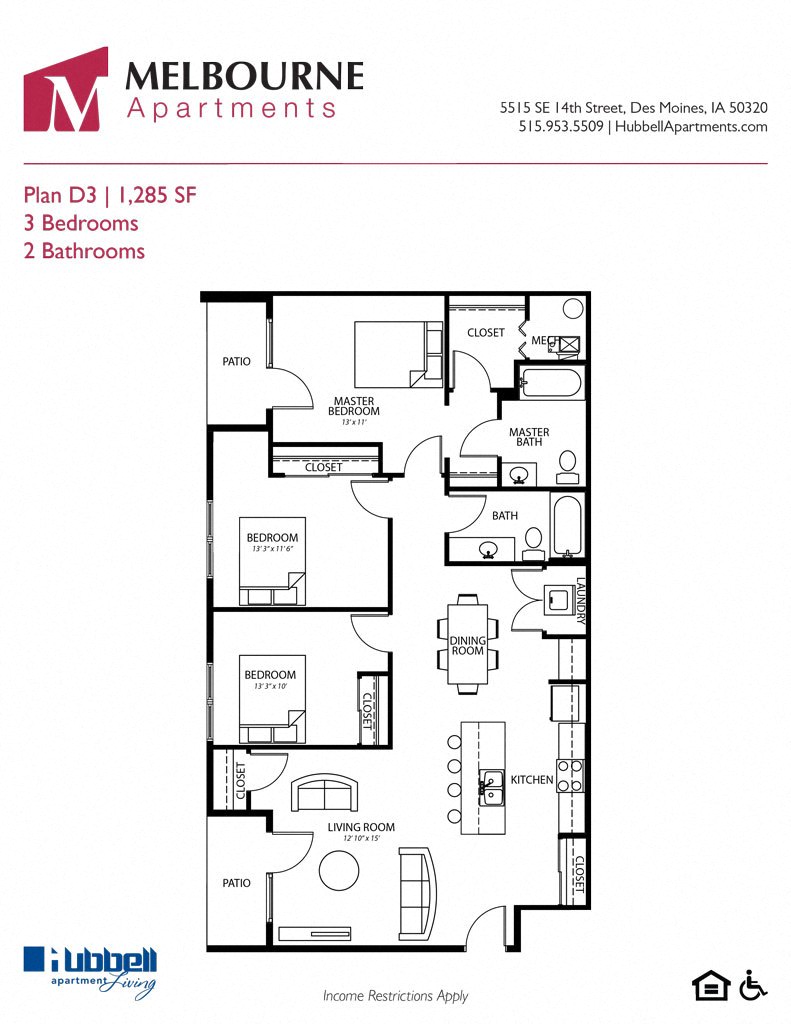 Floor plan for 3 beds, 2 baths, 1285 sqft